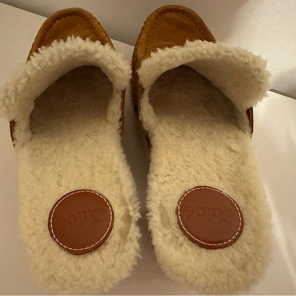 🤎SOLD🤎Chloe Joy Suede & Shearling Caramel Cognac Block Heel Clogs Size 39 EU - Picture 5 of 11